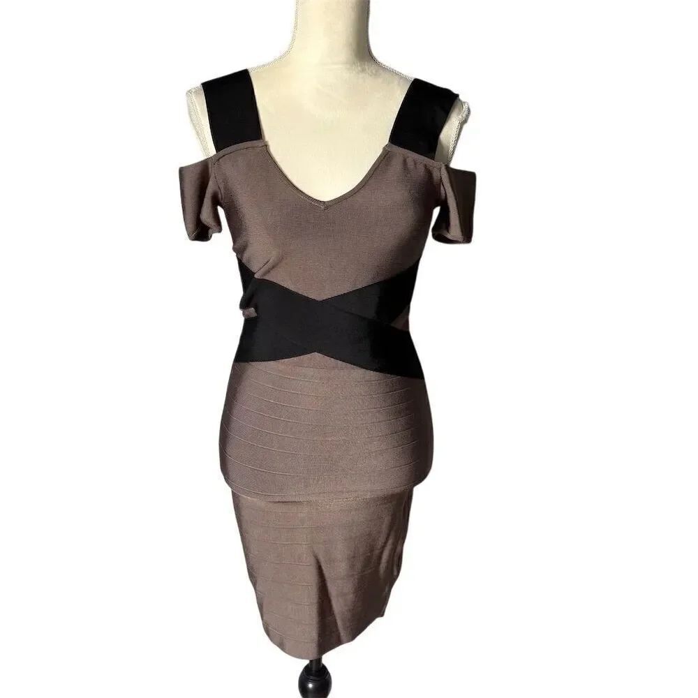 Marciano Women's S Taupe and Black Bandage Bodycon Mini Dress Party Cocktail